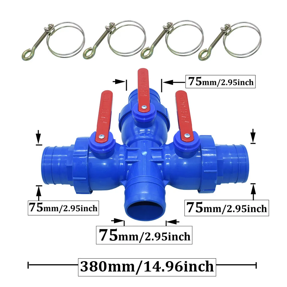 50/63/75mm Water Tape Hose 4-way Connector Tap Water Splitter Water Shut-off Valve Coupler Irrigation Fittings Ball Valve