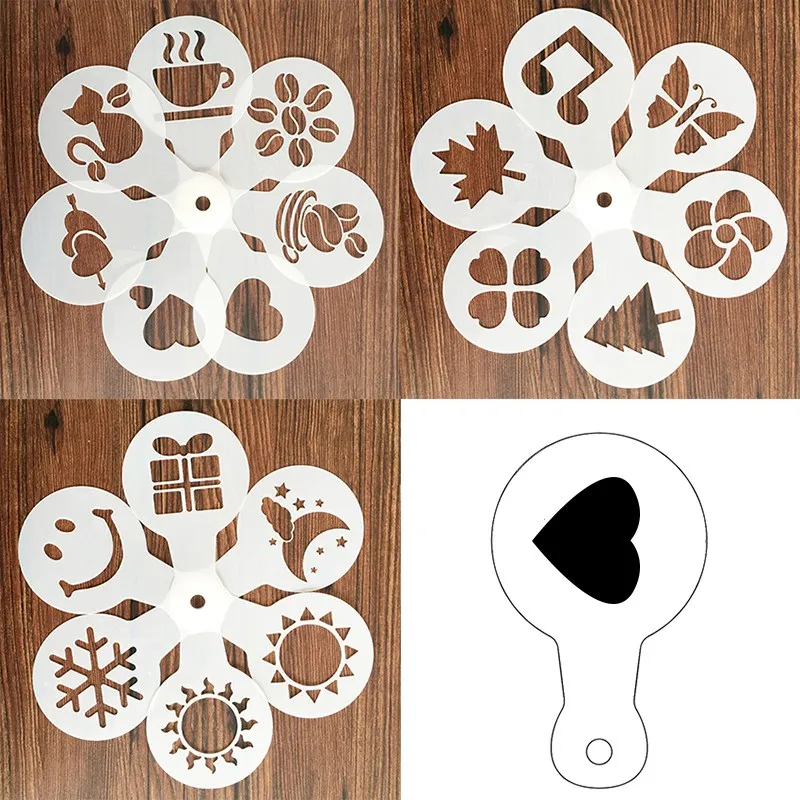 19 Pcs/set Fancy Coffee Printing Model Foam Spray Cake Stencils Cappuccino Mold Sugar Sieve Tools  Drawing Powdered