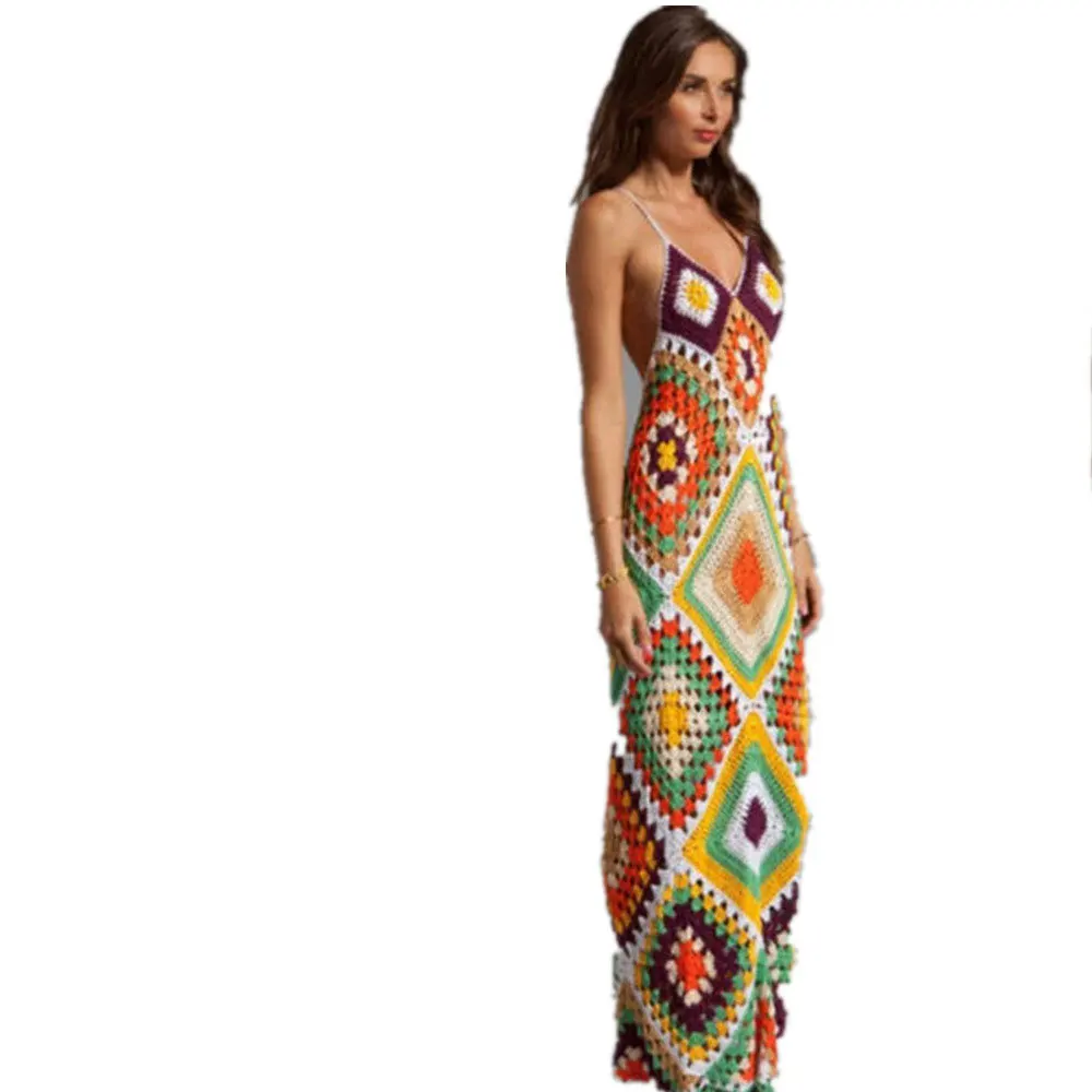 

Bohemian vacation hollowed out V-neck camisole dress sexy backless vest beach dress