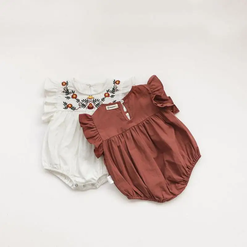 2026 Summer New Baby Girl Flying Sleeve Bodysuit Cotton Infant Cute Sweet Floral Embroidery Jumpsuit Newborn Clothes 0-24M