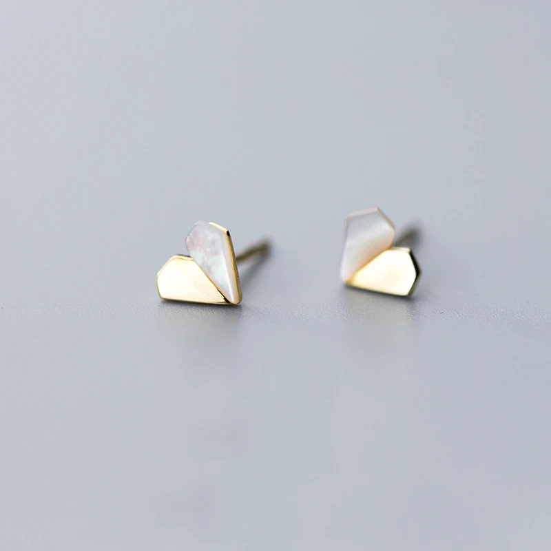 MloveAcc 925 Solid Sterling Silver Fine Jewelry Shell Gold Heart Shape Stud Earrings for Fashion Women Girls Lady Wedding Gift