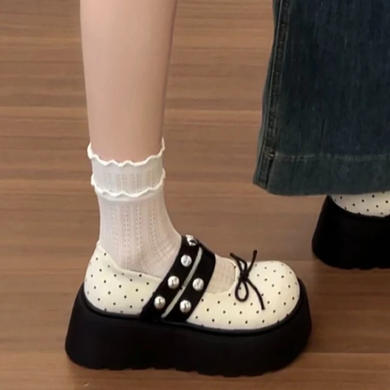 

Vintage Platform Women Mary Jane Shoes Concise Butterfly-knot Single Shoes Ladies Elegant Height Increase Dress Leather Pumps