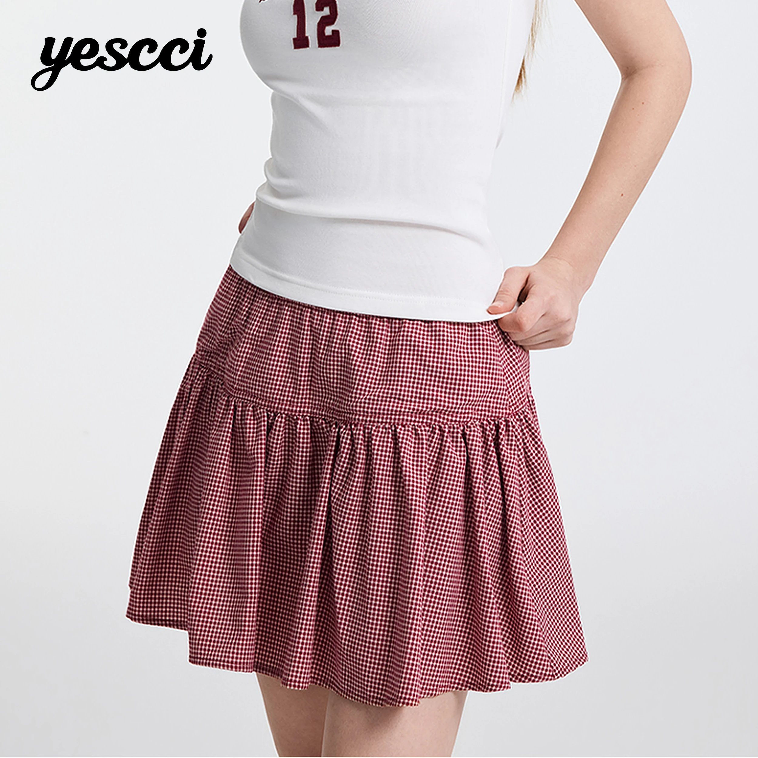YESCCI Mini Skirt Women Casual Summer New Vintage Plaid Pleated Skirt Stylish Versatile Elastic Waist Woman Clothing S56446135