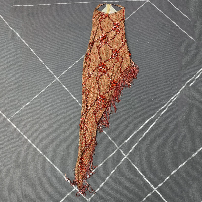 Vestido de fiesta con flecos y diamantes de imitación rojos para mujer, trajes de Festival de actuación, vestidos de fiesta de noche, Bar, DJ, trajes de baile de Jazz XS10089