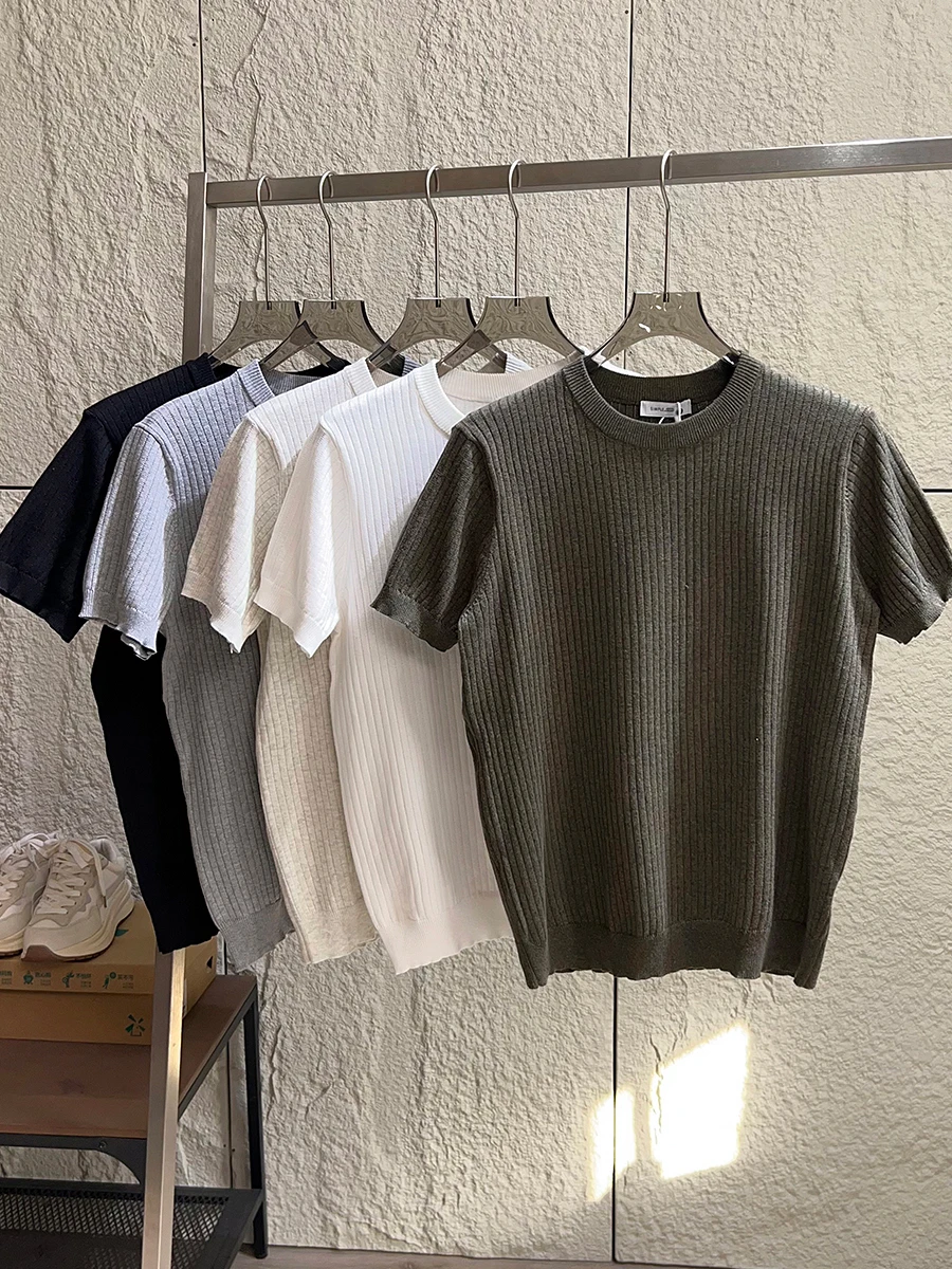 

Minimalist High Cotton Knitted round Neck Short Sleeve T-Shirt Men's Casual Commute Versatile Spring Summer Breathable Tee