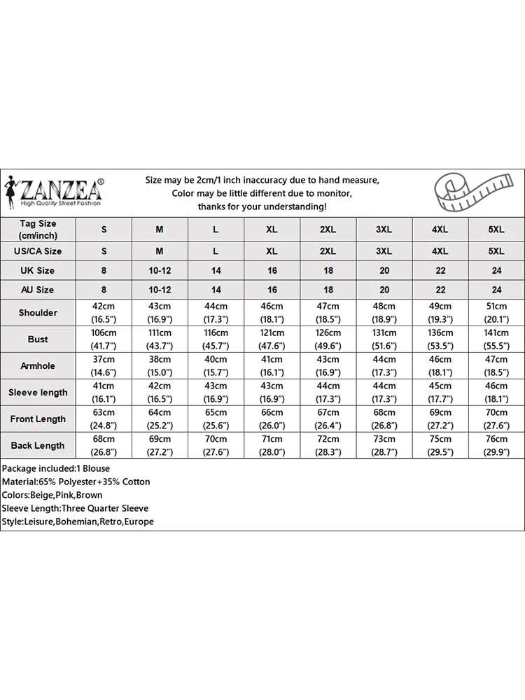 ZANZEA-Chemise Vintage Décontractée pour Femme, Chemisier Monochrome à Manches 3/4, lèvent vers le Bas, Tunique de Vacances, Été 2025