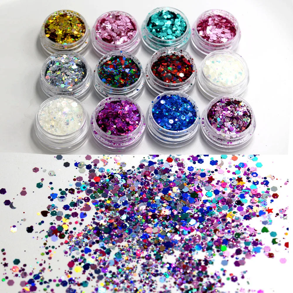 Holographic Chunky Glitter,No Glue Attached,Multi-Shaped for Body,Hair,Face,Eyes,Make-up,Nail Art,Party,Concert, Events, 5 Sets