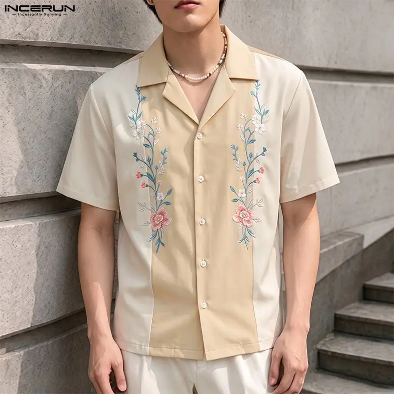 INCERUN Men Shirt Flower Print Patchwork Lapel Short Sleeve Casual Menswear Clothes Loose Vacation Tops Male Hawaiian Shirts