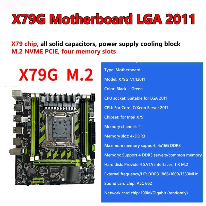 X79G Motherboard+SATA Cable+Bezel LGA2011 4XDDR3 RECC Slot M.2 NVME PCI-E X16 6XUSB2.0 SATA3.0 Server Game Motherboard