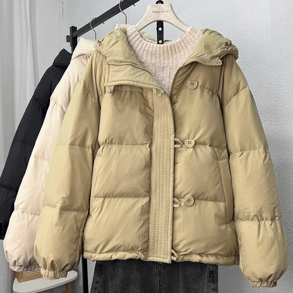 Manteau à capuche en duvet de canard blanc pour femme, optique décontractée, bouton de mode chic, veste chaude pour femme, nouveau, hiver