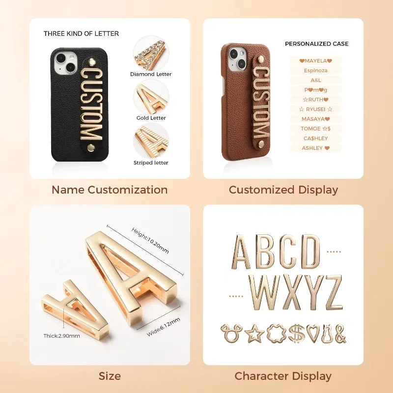 for IPhone16 15 14 13 12 11Pro ProMax Plus Mini Series New Luxury Monogrammed Leather Phone Case Custom Name Metal Letters Cover