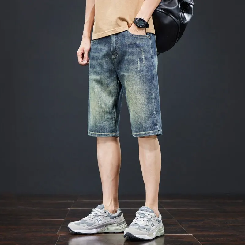 

Summer Fashion Solid Color American Retro Straight Leg Stretch Denim Shorts Men's Casual Loose Fit Sports High Quality Shorts
