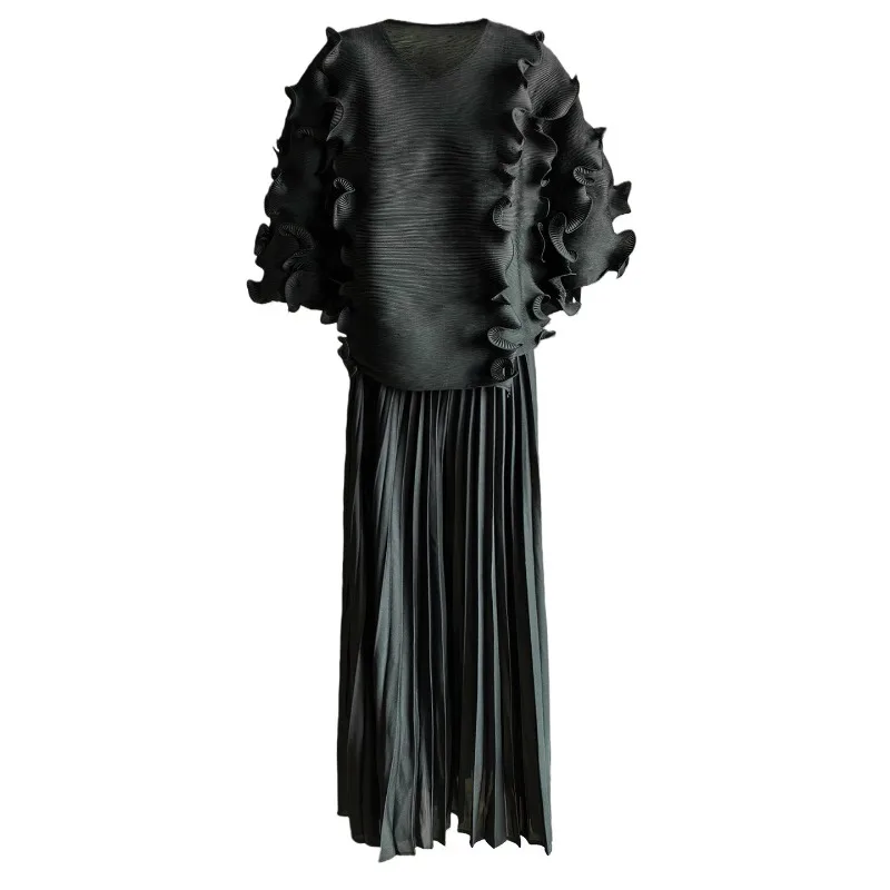 Miyake Pleated Pants Set 2026 Design V-Neck Wooden Earring Loose Pleats Top Half-body Skirt 2 Piece Set Women Haute Sense Set