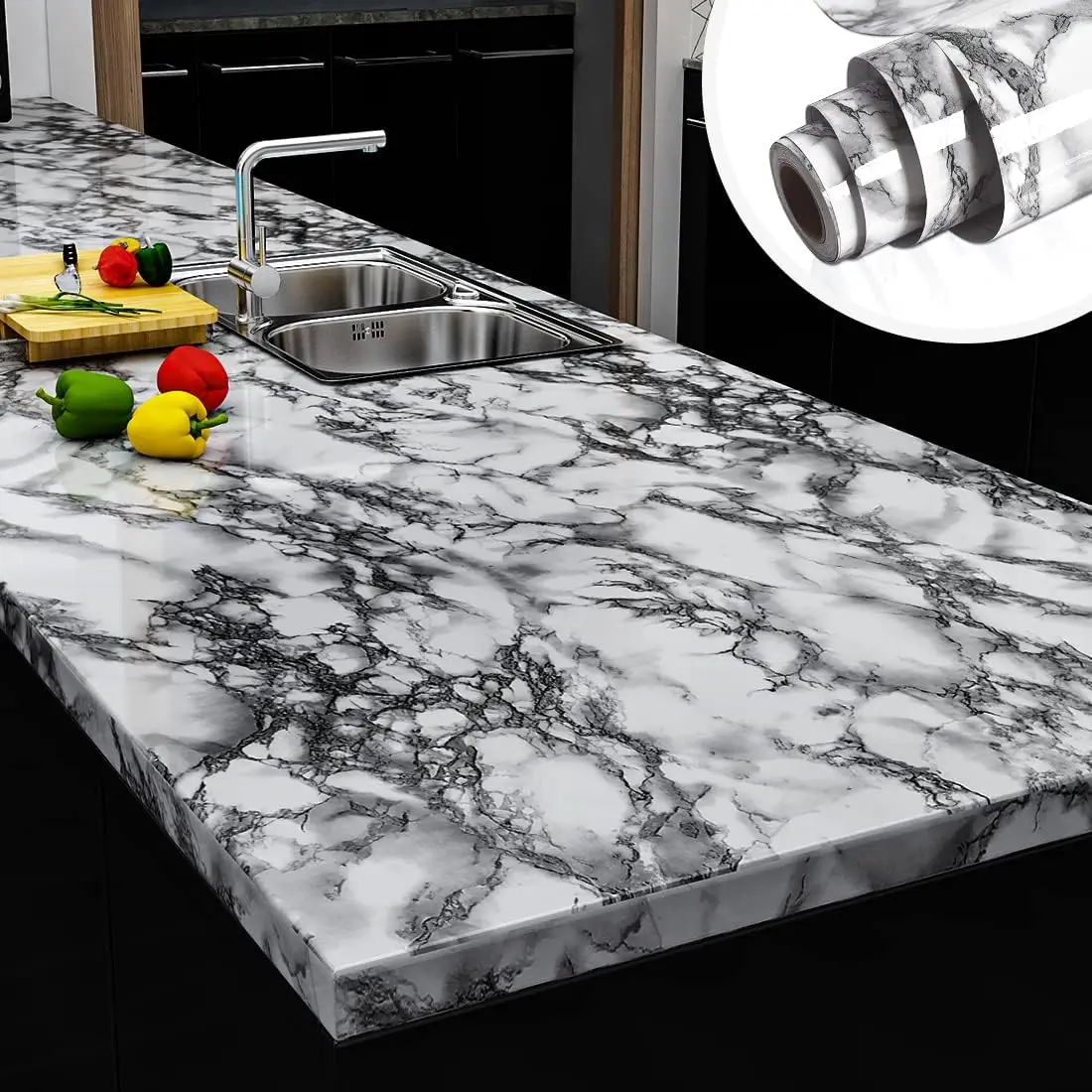 Marmor-Küchen-Ölschutzfolie, wasserdichte, feuchtigkeitsbeständige, selbstklebende Tapete, Arbeitsplatten-Schrank-Renovierungs-Fliesenaufkleber – Detail 8