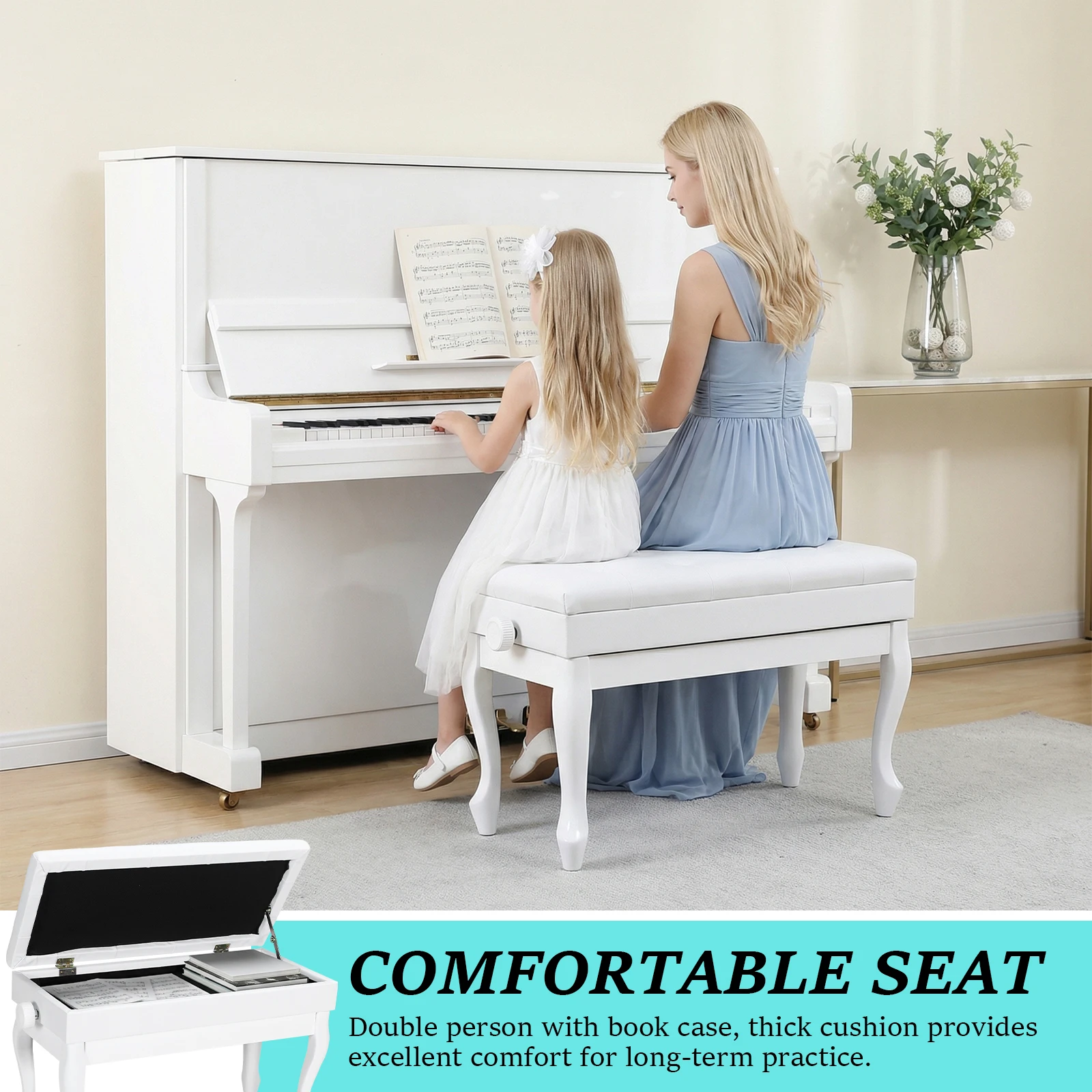 

Widened Keyboard Piano Seat with Bookcase Heavy Duty Wooden Piano Stool Multi-Purpose for Home/Music Room/Classroom