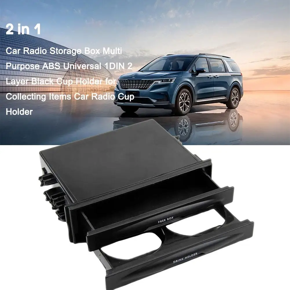 2in1 Car Radio Storage Box Multi Purpose ABS Universal 1DIN 2 Layer Black Cup Holder for Collecting Item Single Din Radio Pocket
