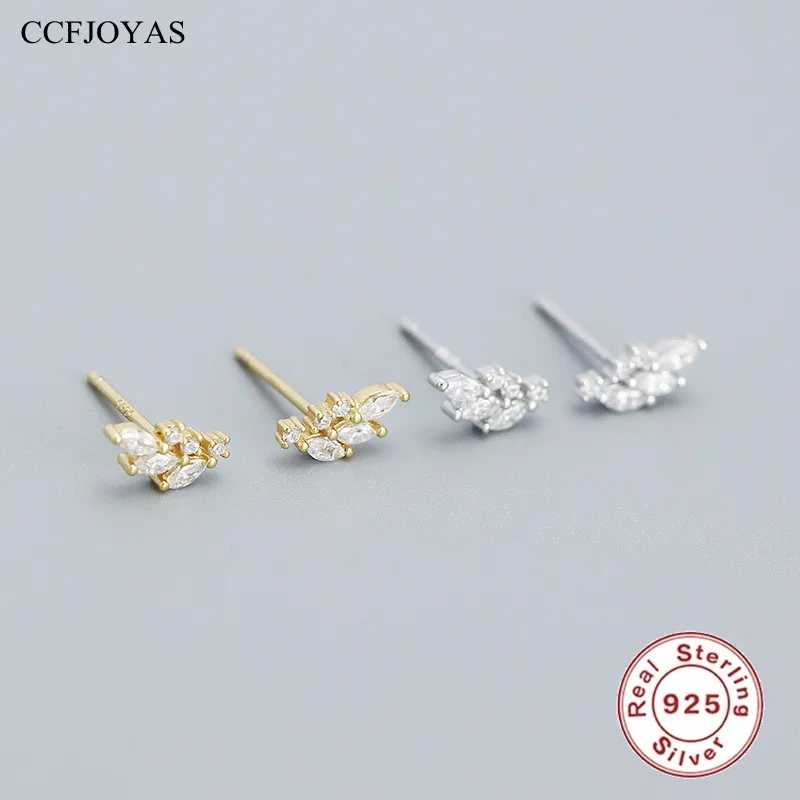 CCFJOYAS Simple INS Clear Crystal Zircon 925 Sterling Silver Stud Earrings Fashion Leaf Shaped Mini Cute Studs Piercing Jewelry