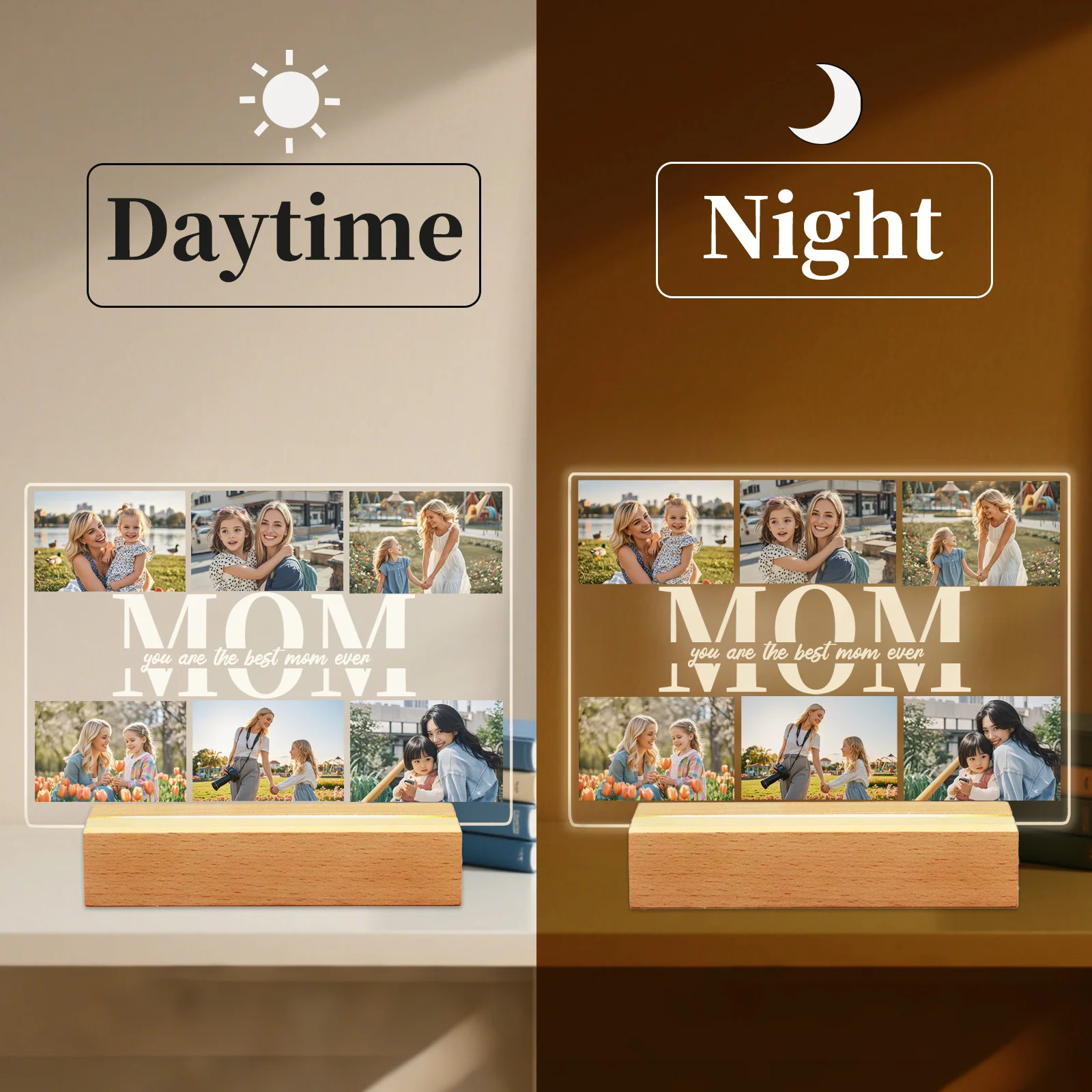 Personalized Photo Acrylic Plaque Custom Mothers Day Night Light for Mom Birthday Present Home Decor