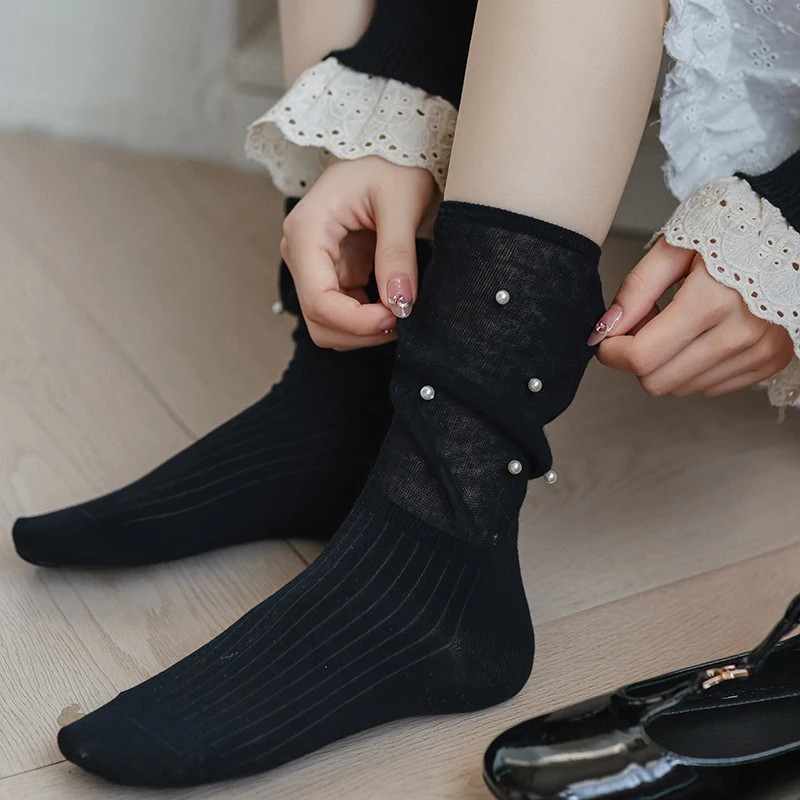 

New Women's Socks Spring Solid Color Classic Pearl Fashion Loose Socks For Girls Simple Breathable Female Loose Socks Comfort