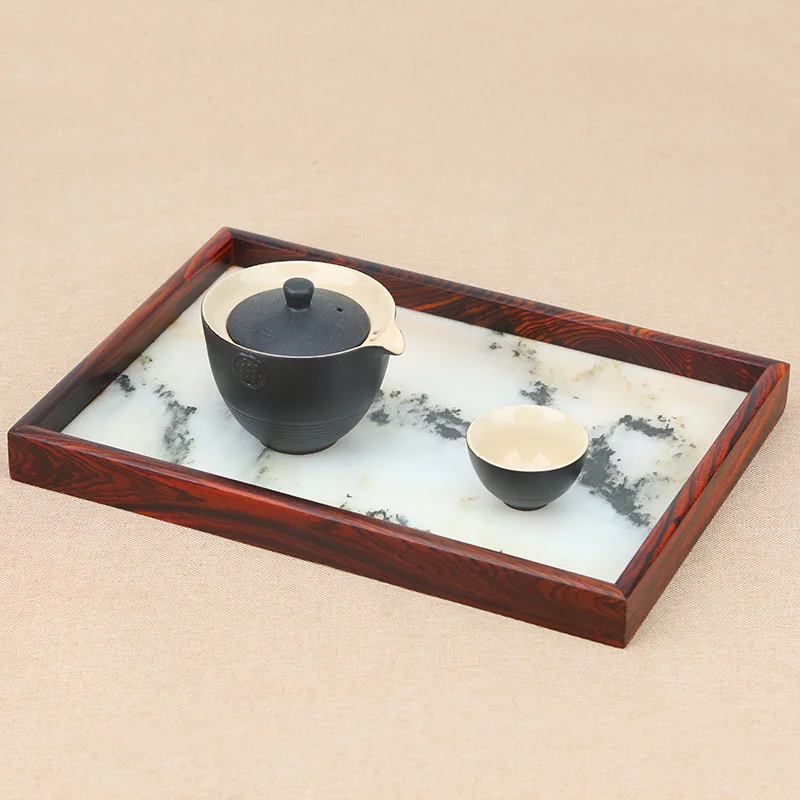 Redwood Tray for Storing Red Acid Branches Embedded in Marble Rectangular Tray
