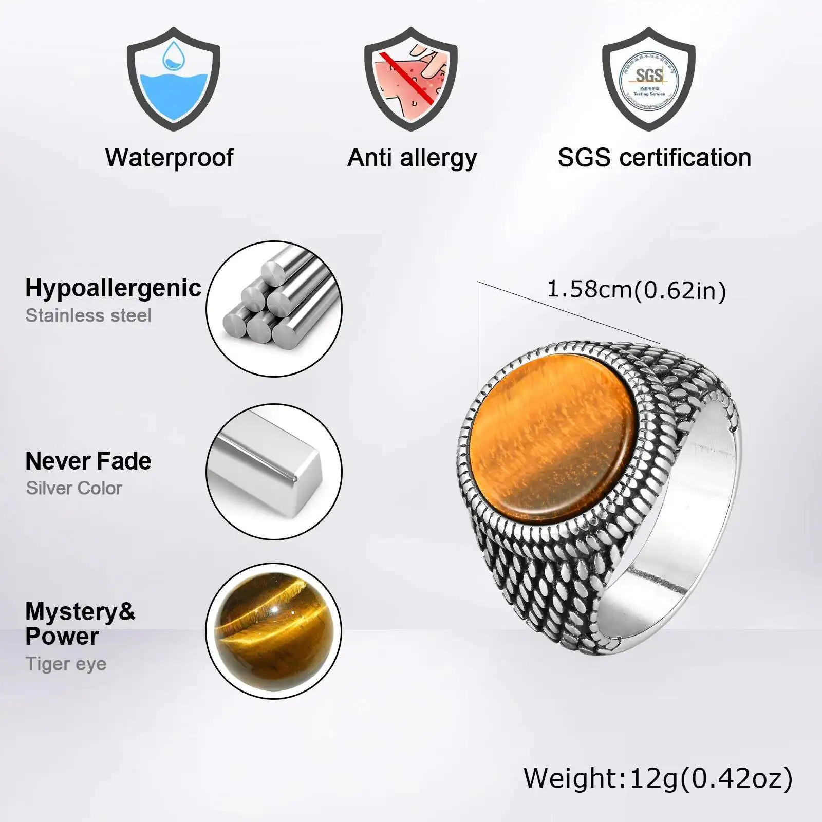 Prjewel Round Tiger Eye Stone Top Finger Band Black Gemstone Stainless Steel Stamp Ring Dragon Scales Textured Signet for Men - view 4
