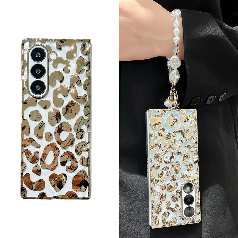 

Asdipsa Electroplated 3D Folds Leopard Phone Case for Samsung Galaxy Z Fold 6 Glossy Transparent Hard Plastic Cover Pearl Strap