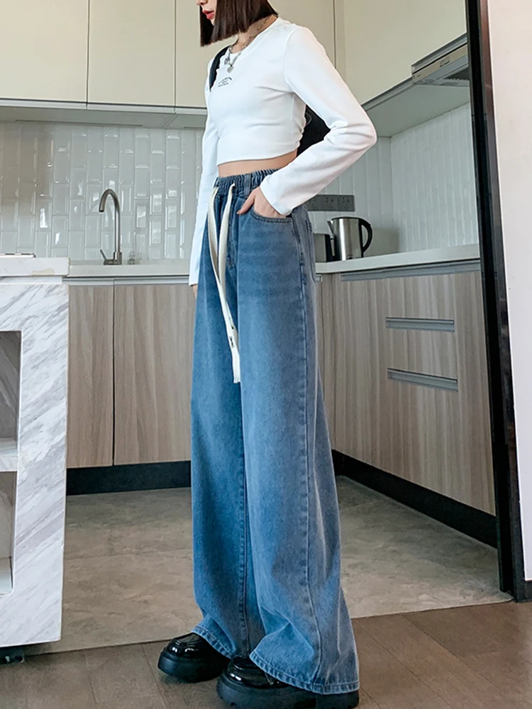 L-6XL プラスサイズの女性のジーンズ春 2025 ハイウエストストレートルーズブルージーンズズボンワイドレッグ巾着大きいサイズのジーンズ女性