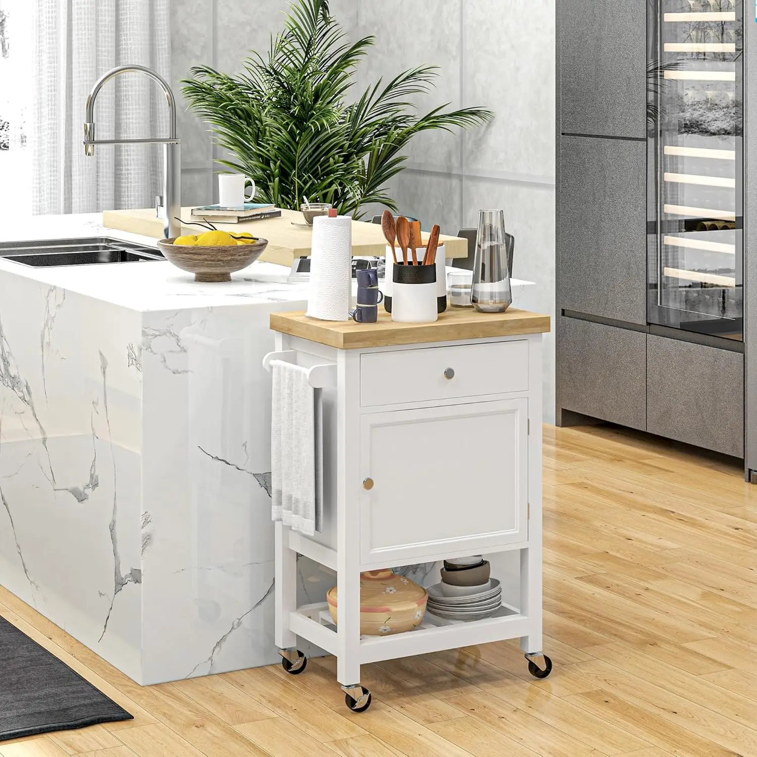 Utility Kitchen Cart, Rolling Kitchen Island w/ Smooth Rubberwood Top, Block Surface on Wheels w/Storage Drawer & Cabinet, White