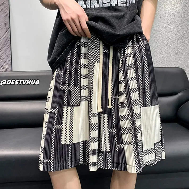Summer New Men\'s Plus Size Pleated Ice Silk Casual Shorts Elastic Waist Print Loose All-match Shorts Vintage Casual Men Clothing