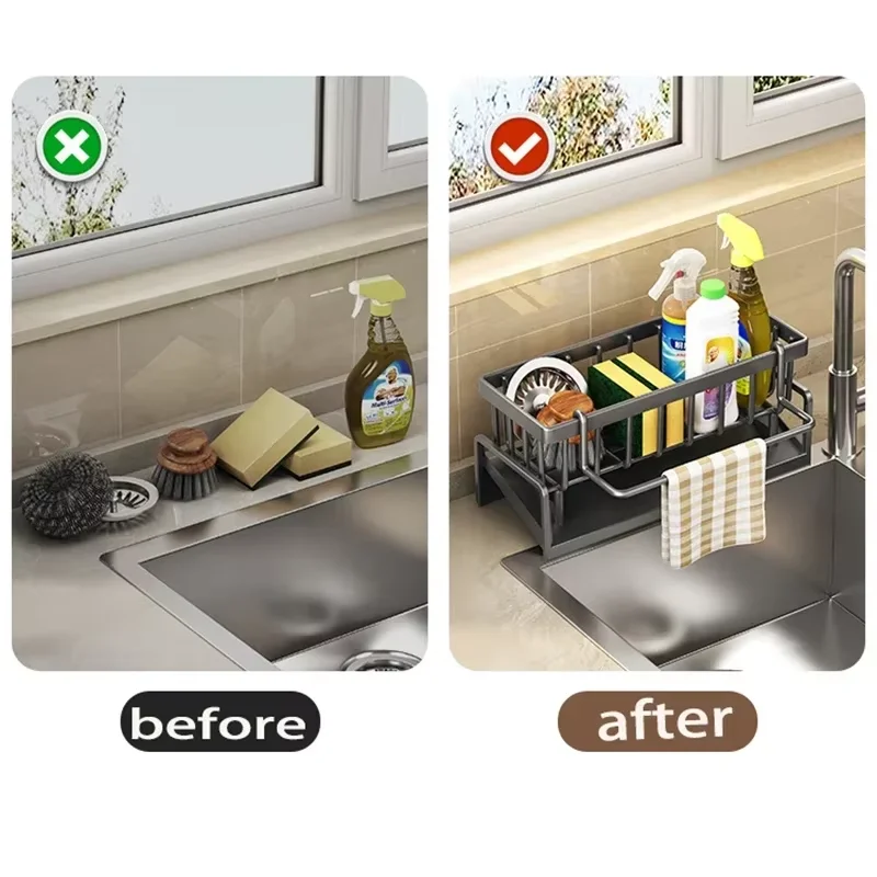رف تخزين قابل للتصريف بدون تركيب مع قضيب تعليق متنقل لمستلزمات تنظيف كونترتوب المطبخ رف تخزين متعدد الوظائف