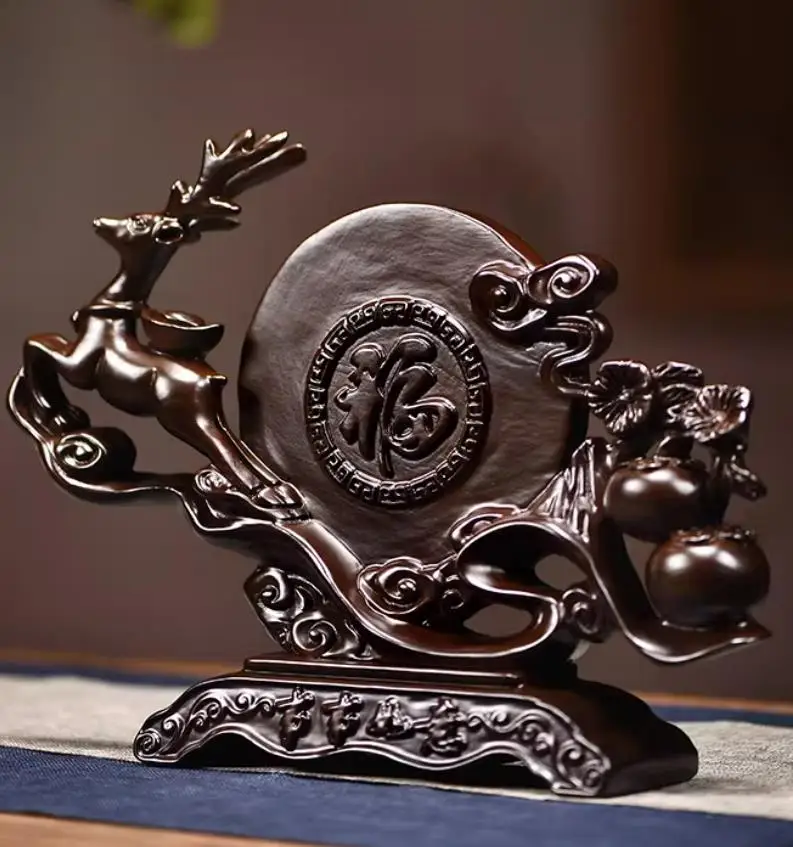 Ebony wood carving of pomegranate for decoration of office and living room; ebony wood deer for relocation and opening