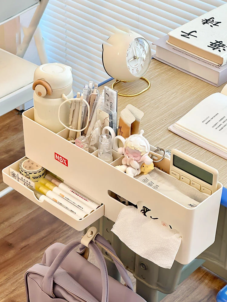 

Multifunctional Desk Side Storage Shelf Hanging Pencil Holder Stationery Organizer Removable No-drilling Storage Box for Student