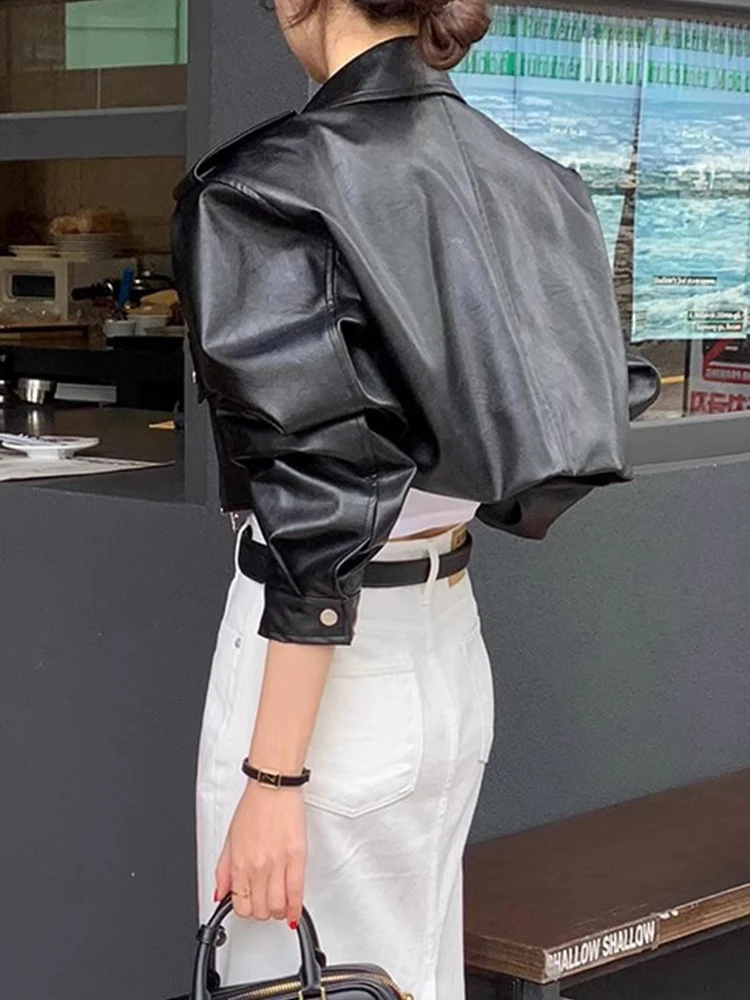 Sli outono motocicleta jaet feminino solto ajuste colarinho duplo ket ort casaco de couro do plutônio na moda comute resistente ao vento