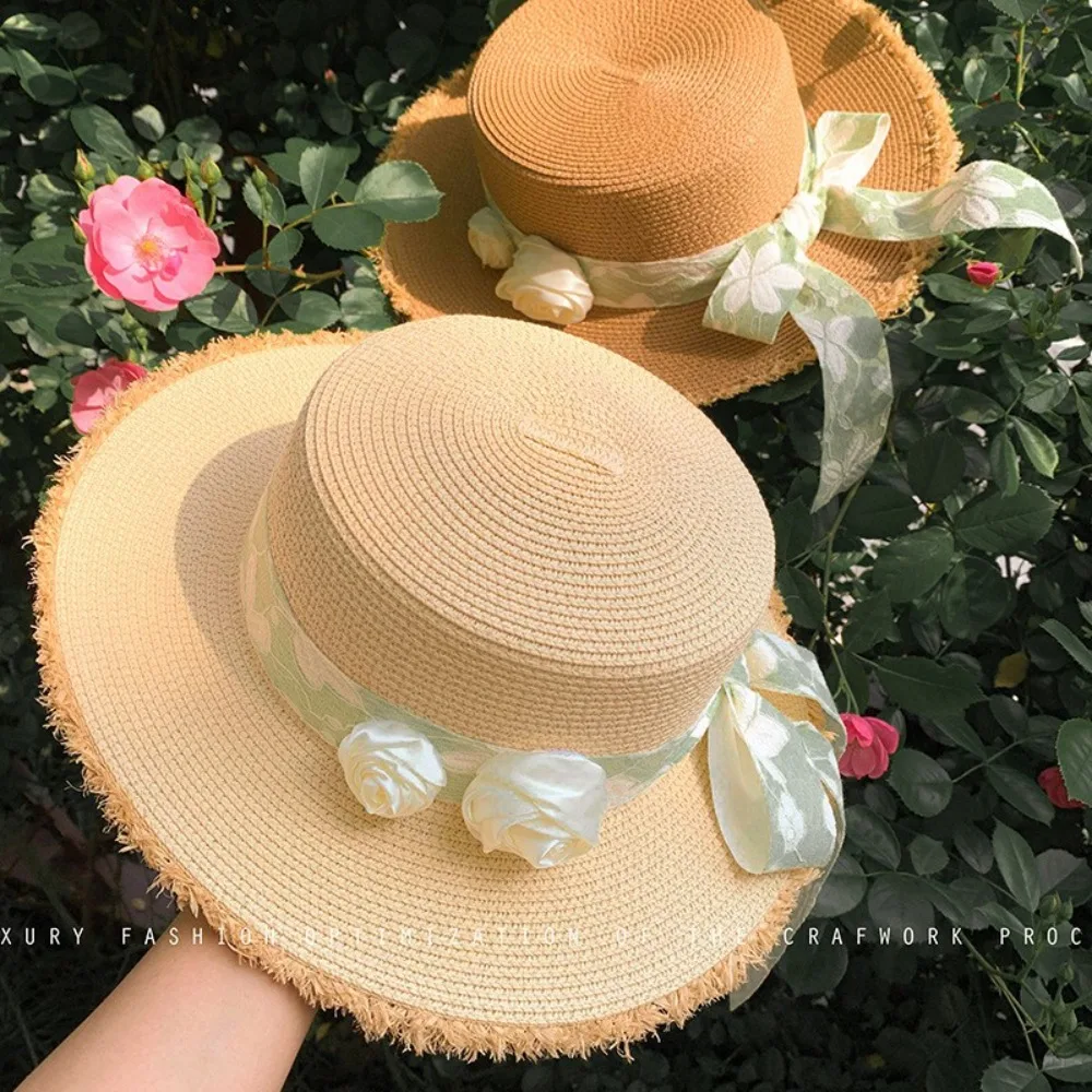 

Cute French Style Lace Floral Brim Cap Wide Brim Flat Top Sunscreen Hat Sweet Lolita Straw Woven Hat Spring Summer