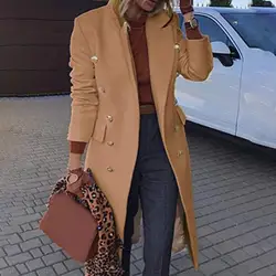 Women Wool Blends Coat Slim Fit Solid Color Double-breasted Warm Woolen Coat Autumn Winter Turn-Down Collar Women Overcoat