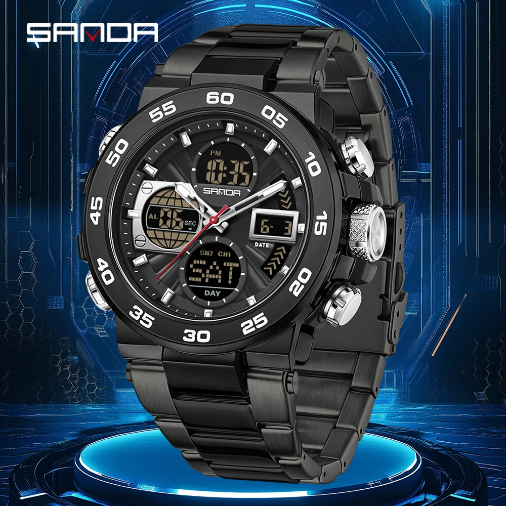 

Мужские электронные кварцевые часы SANDA 2026 с двойным светящимся экраном, многофункциональные, для активного отдыха, с 3 часовыми поясами, водонепроницаемые, спортивные, montre