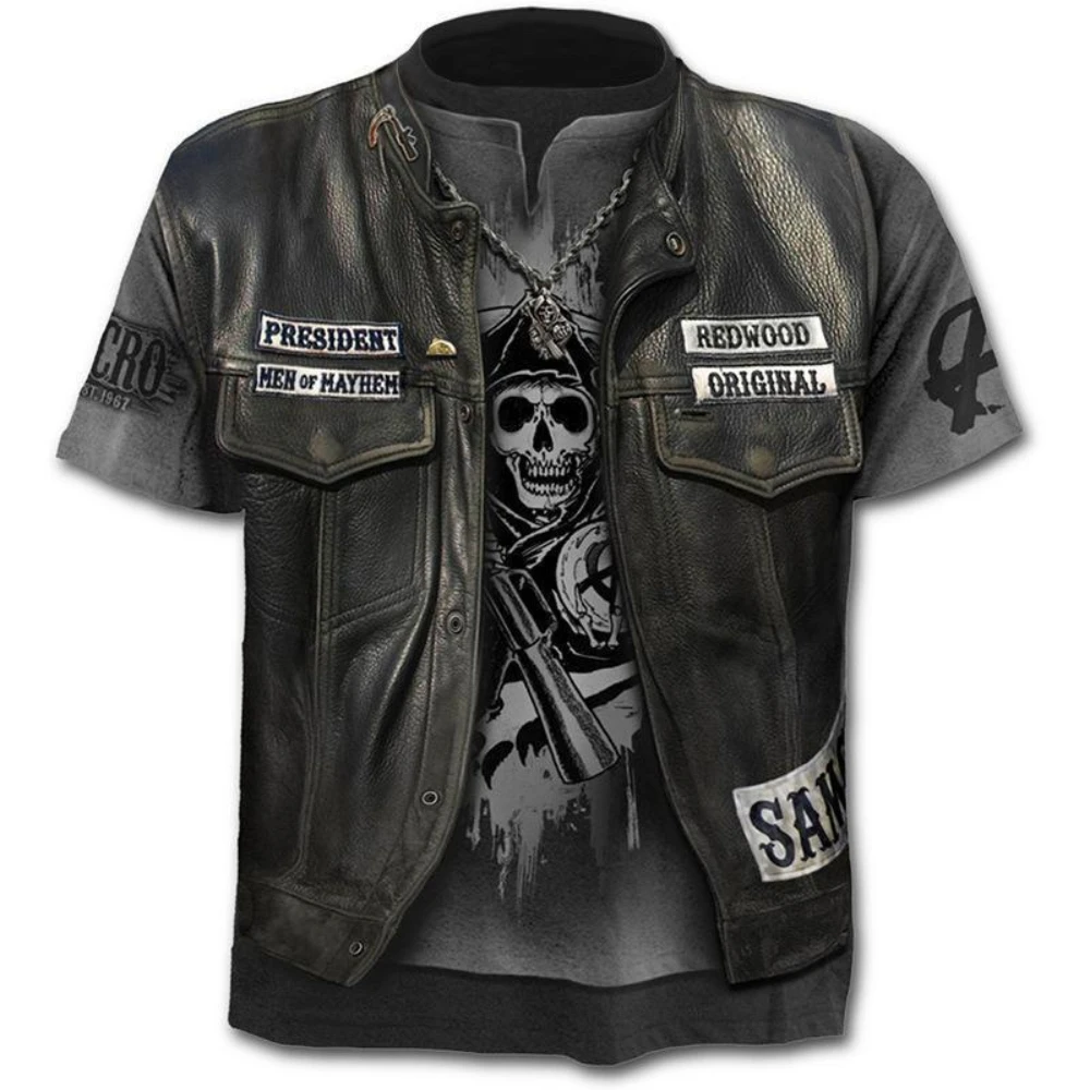 2023 Men's Punk Motorcycle Print T-shirt Summer Casual Retro Skull Horror Hip Hop 3D Gentleman T-shirt Shirt Large Round Neck Co