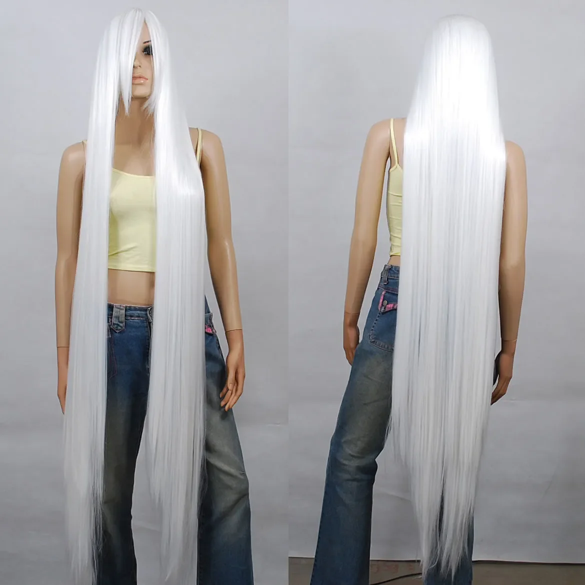 Peluca larga y recta para fiesta de Cosplay, pelo blanco resistente al calor, 150cm, 60 pulgadas