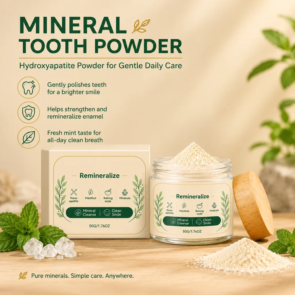 Remineralize Tooth Powder, Fluoride-Free Oral Care, Fresh Breath, Paste-Free Daily Brushing Powder With Hydroxyapatite & Mint