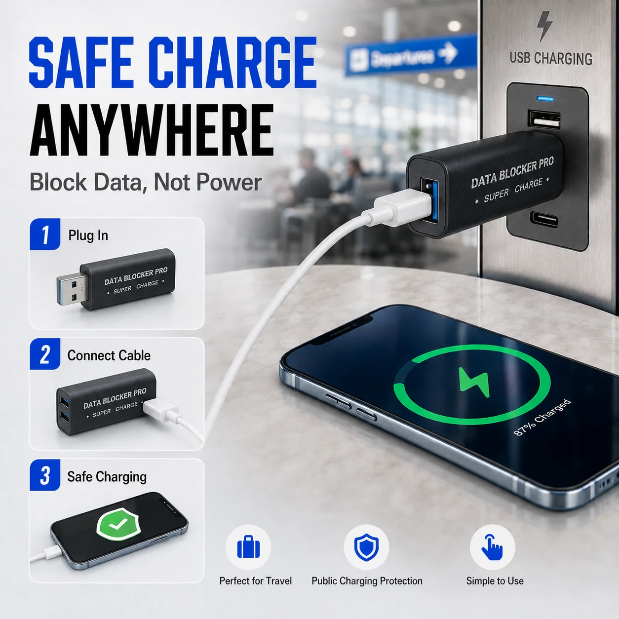 USB-A Data Blocker Charging Adapter No Data Transfer Fast Charge Anti Juice Jacking Aluminum Alloy Privacy Security Protector