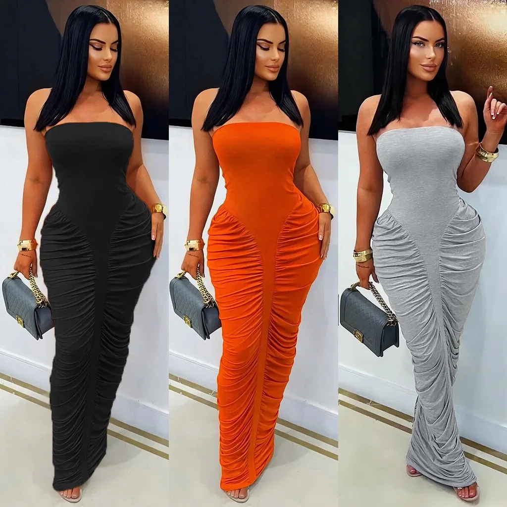 

Women Strapless Dresses Solid Pleated Dress h Line Ankle Lenth Sleeveless Waist Cinch Slim Fit Party Sexy Elegant 2026 Summer