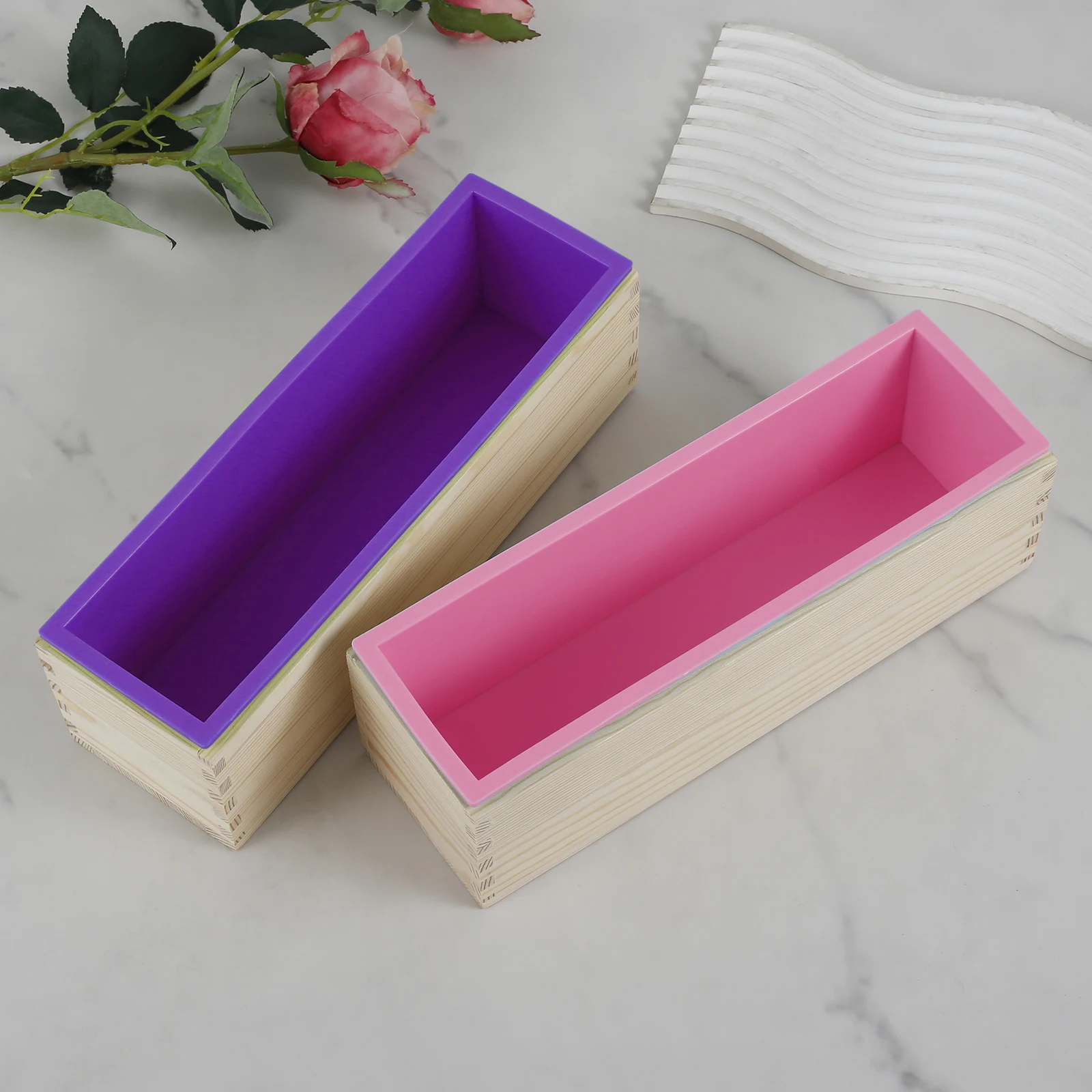 3 Pcs Soap Molds 47oz Rectangular Soap Loaf Mold Flexible Silicone Soap Making Molds Kit with Wood Box Non Stick Soap Silicone