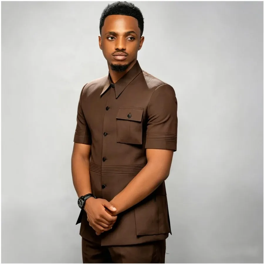 Casual Brown Men Suits 2 Pieces Short Sleeve Multi-pocket Single Breasted Wedding Groom Blazer Summer 2 Pieces Jacket Pants