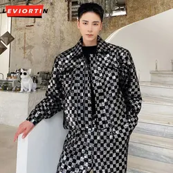 Black And White Checkered Sequin Short Jacket For Men