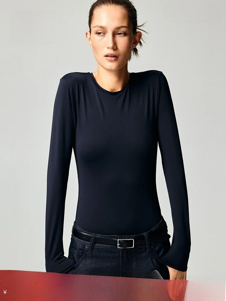 

H&M Новая весенняя женская футболка с длинным рукавом, облегающая, повседневная, универсальный размер, из нейлона и спандекса, однотонная.