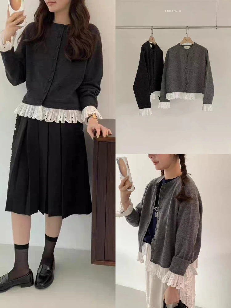 

Нежный свободный вязаный открытый кардиган с кружевной отделкой в стиле пэчворк, женский топ Dongda Gate, шерстяная длинная верхняя одежда на пуговицах