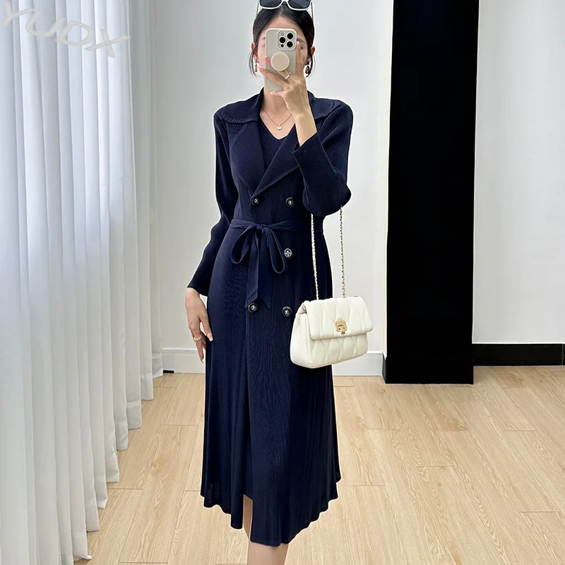 

Miyake Pleated Women's Dresses 2023 Autumn Winter New Hundred Solid Color Lapel Temperament Casual Medium-length Skirt Jacket