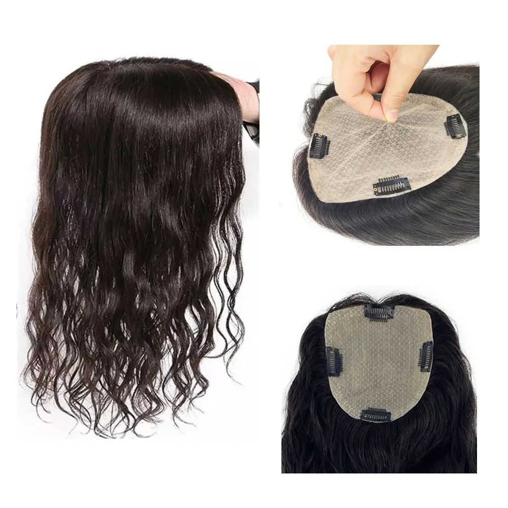 Base de piel de adorno de cabello humano europeo virgen de 24 ", 15x16cm, peluquín de mujer con ondas de agua, pieza de cabello superior de seda con Clips en negro Natural