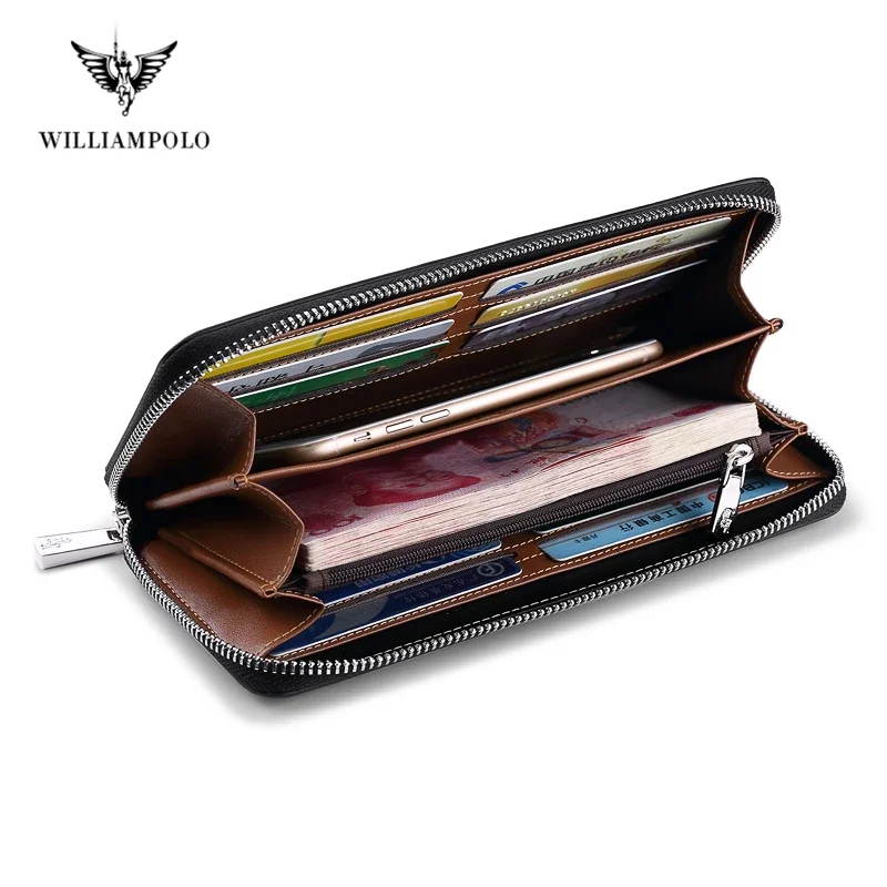 WILLIAMPOLO Man Wallets Long Style High Quality Card Holder Male Purse Zipper Large Capacity Brand Luxury Leather Wallet For Men