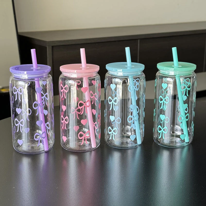 1pcs 16oz Kawaii Bowknot Plastic Cup With Straw Transparent Milk Coffee Ice Drink Mug Household Travel Ins Water Drinking Cup